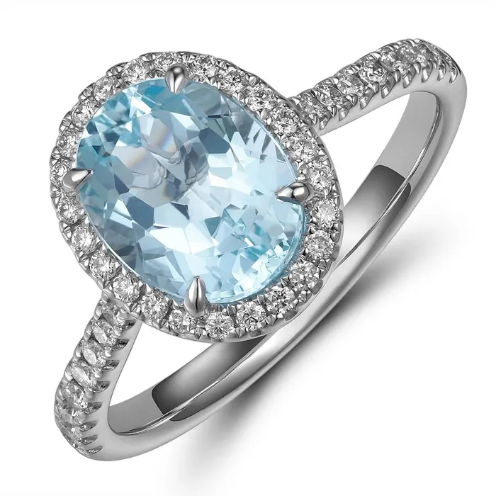 Rings Meierotto Jewelers 18K White Gold Oval Aquamarine with Diamond Halo Ring Rings Meierotto Jewelers 18K White Gold Oval Aquamarine with Diamond Halo Ring