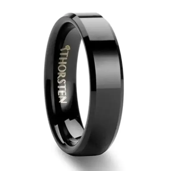 Rings Mens Bands Black Tungsten 6mm Band with Beveled Edges