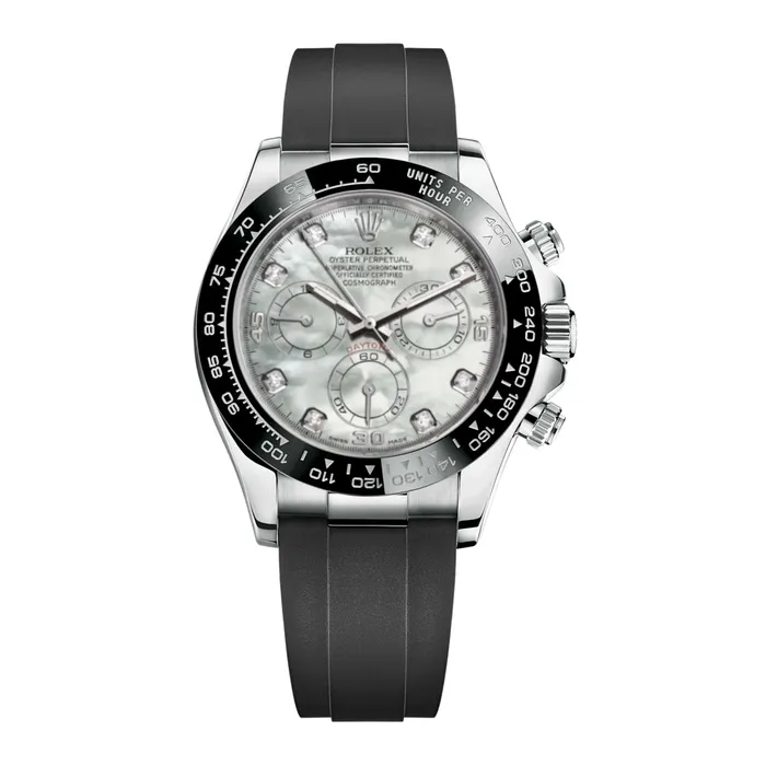 Rolex Bracelets Rolex Cosmograph Daytona 40mm Ref 116519LN mdof White mother of Pearl Diamond Dial Ceramic Bezel 18K White Gold Case Black Oysterflex Bracelet Mens Watch Rolex Bracelets Rolex Cosmograph Daytona 40mm Ref 116519LN mdof White mother of Pearl Diamond Dial Ceramic Bezel 18K White Gold Case Black Oysterflex Bracelet Mens Watch