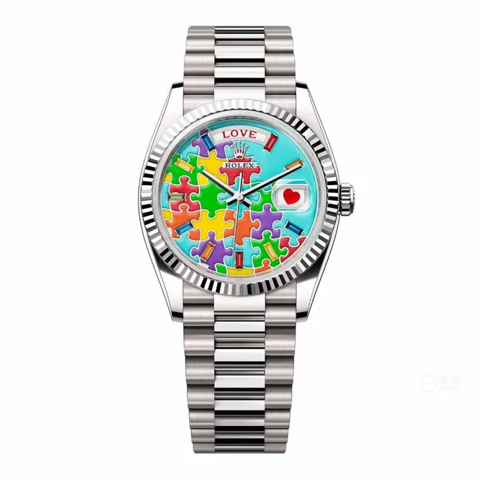 Rolex Bracelets Rolex Day Date 36mm Ref 1282390056 Puzzle Emoji Jigsaw Motif Dial Fluted Bezel 18K White Gold President Bracelet Watch