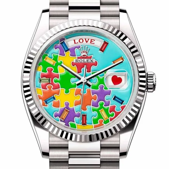 Rolex Bracelets Rolex Day Date 36mm Ref 1282390056 Puzzle Emoji Jigsaw Motif Dial Fluted Bezel 18K White Gold President Bracelet Watch