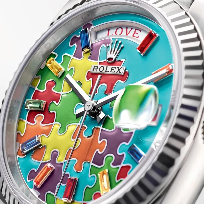 Rolex Bracelets Rolex Day Date 36mm Ref 1282390056 Puzzle Emoji Jigsaw Motif Dial Fluted Bezel 18K White Gold President Bracelet Watch