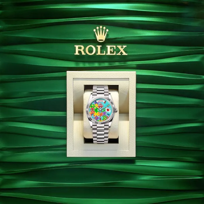 Rolex Bracelets Rolex Day Date 36mm Ref 1282390056 Puzzle Emoji Jigsaw Motif Dial Fluted Bezel 18K White Gold President Bracelet Watch