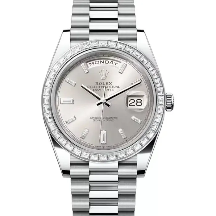 Rolex Bracelets Rolex Day Date 40mm Ref 228396tbr0011 Silver Stick Dial Diamond Bezel Platinum President Bracelet Mens Watch