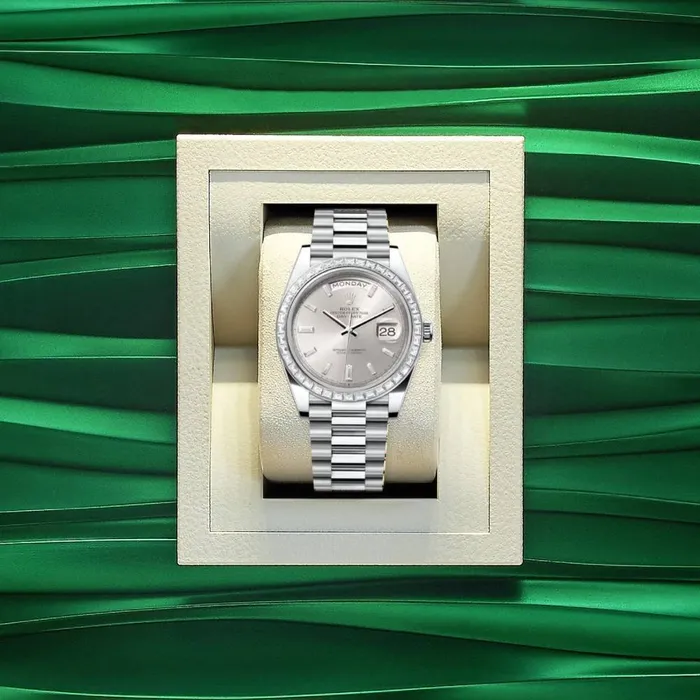 Rolex Bracelets Rolex Day Date 40mm Ref 228396tbr0011 Silver Stick Dial Diamond Bezel Platinum President Bracelet Mens Watch