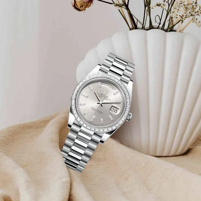 Rolex Bracelets Rolex Day Date 40mm Ref 228396tbr0011 Silver Stick Dial Diamond Bezel Platinum President Bracelet Mens Watch