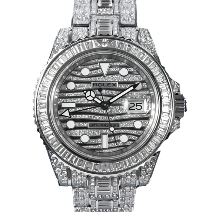 Rolex Bracelets Rolex GMTMaster II 40mm Ref 116759TBR Pave Diamond Dial Diamond Bezel Diamond Case 18K White Gold Diamond Bracelet Mens Watch