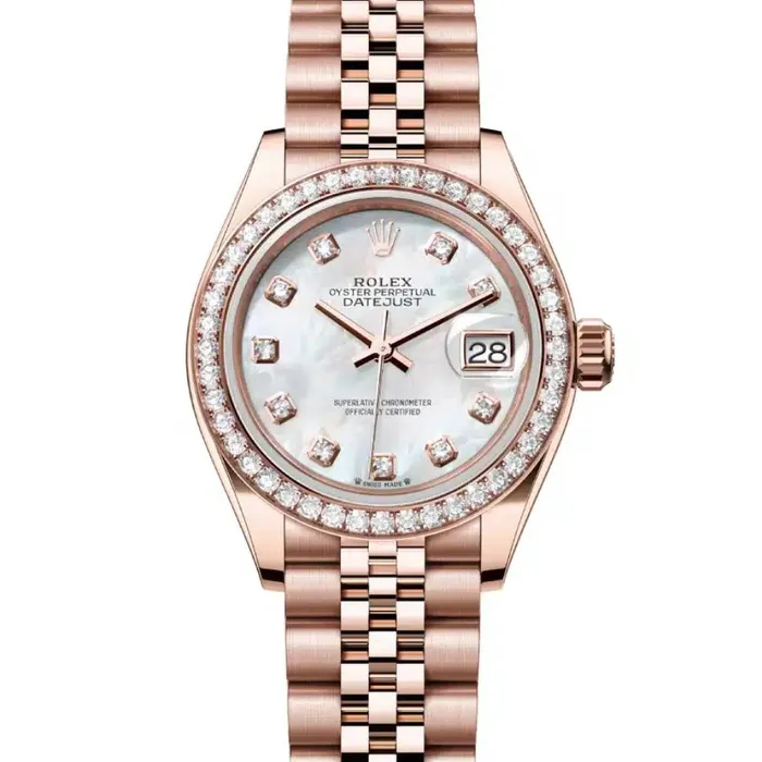 Rolex Bracelets Rolex LadyDatejust 28mm Ref 279135rbr0019 White Mother of Pearl Diamond Dial 18K Rose Gold Jubilee Bracelet Womens Watch