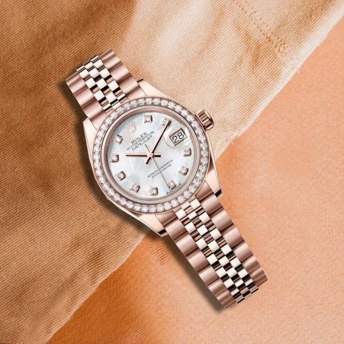 Rolex Bracelets Rolex LadyDatejust 28mm Ref 279135rbr0019 White Mother of Pearl Diamond Dial 18K Rose Gold Jubilee Bracelet Womens Watch