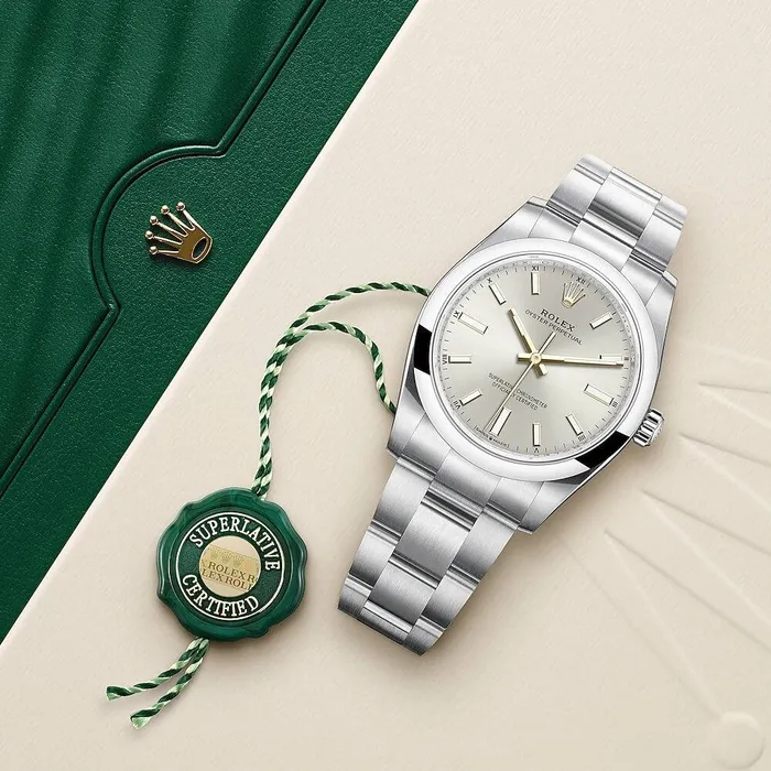 Rolex Bracelets Rolex Oyster Perpetual 34mm Ref 1242000001 Silver Stick Dial Stainless Steel Oyster Bracelet Watch