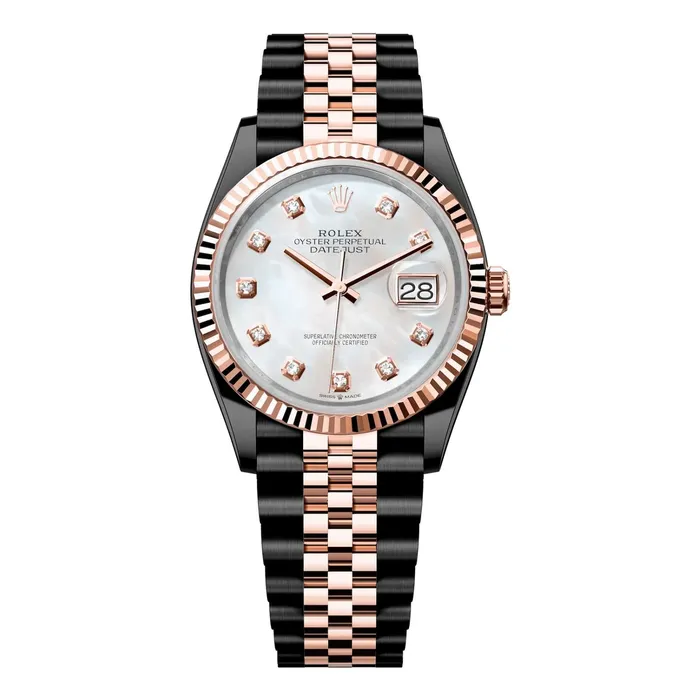 Rolex Datejust 36mm Ref 1262310021 PVD White Mother of Pearl Diamond Dial Two Tone Black PVD 18K Rose Gold Jubilee Bracelet Watch Rolex Bracelets Rolex Datejust 36mm Ref 1262310021 PVD White Mother of Pearl Diamond Dial Two Tone Black PVD 18K Rose Gold Jubilee Bracelet Watch Rolex Bracelets