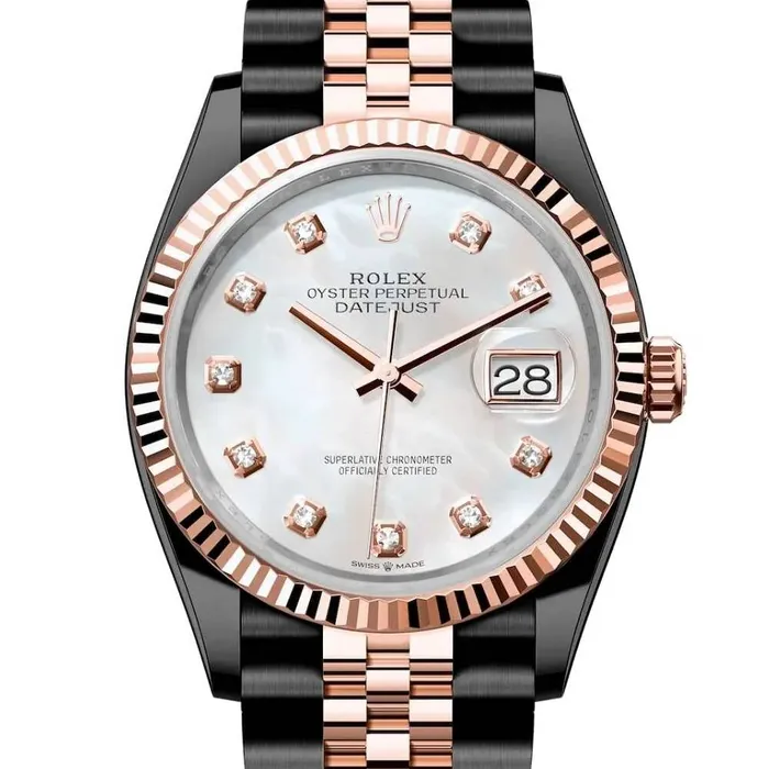 Rolex Datejust 36mm Ref 1262310021 PVD White Mother of Pearl Diamond Dial Two Tone Black PVD 18K Rose Gold Jubilee Bracelet Watch Rolex Bracelets