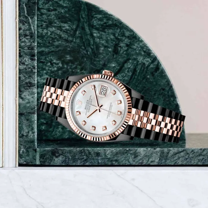 Rolex Datejust 36mm Ref 1262310021 PVD White Mother of Pearl Diamond Dial Two Tone Black PVD 18K Rose Gold Jubilee Bracelet Watch Rolex Bracelets