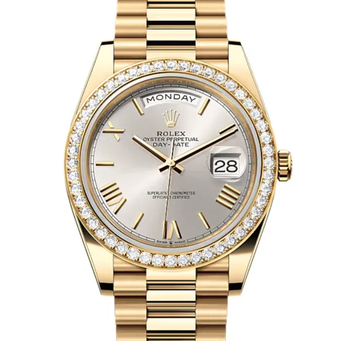 Rolex Day Date 40mm Ref 228348rbr0007 Silver Roman Dial Diamond Bezel 18K Yellow Gold President Bracelet Mens Watch Rolex Bracelets