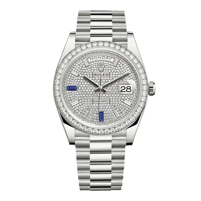 Rolex Day Date 40mm Ref 228349rbr0036 Pave Diamond Sapphire Dial Diamond Bezel 18K White Gold President Bracelet Mens Watch Rolex Bracelets Rolex Day Date 40mm Ref 228349rbr0036 Pave Diamond Sapphire Dial Diamond Bezel 18K White Gold President Bracelet Mens Watch Rolex Bracelets