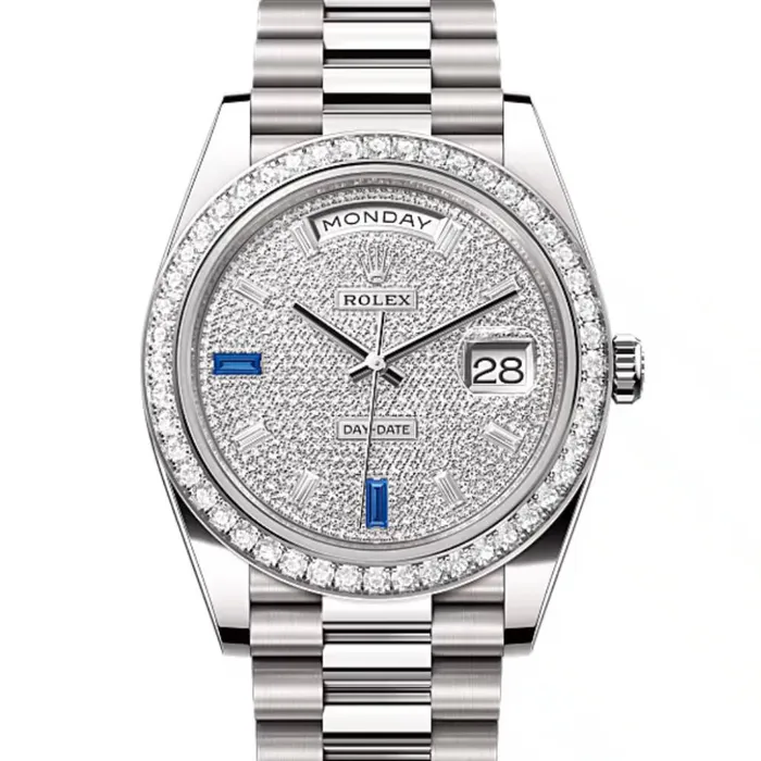 Rolex Day Date 40mm Ref 228349rbr0036 Pave Diamond Sapphire Dial Diamond Bezel 18K White Gold President Bracelet Mens Watch Rolex Bracelets