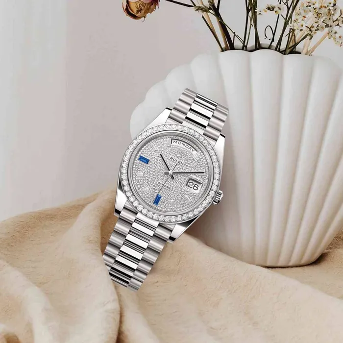 Rolex Day Date 40mm Ref 228349rbr0036 Pave Diamond Sapphire Dial Diamond Bezel 18K White Gold President Bracelet Mens Watch Rolex Bracelets