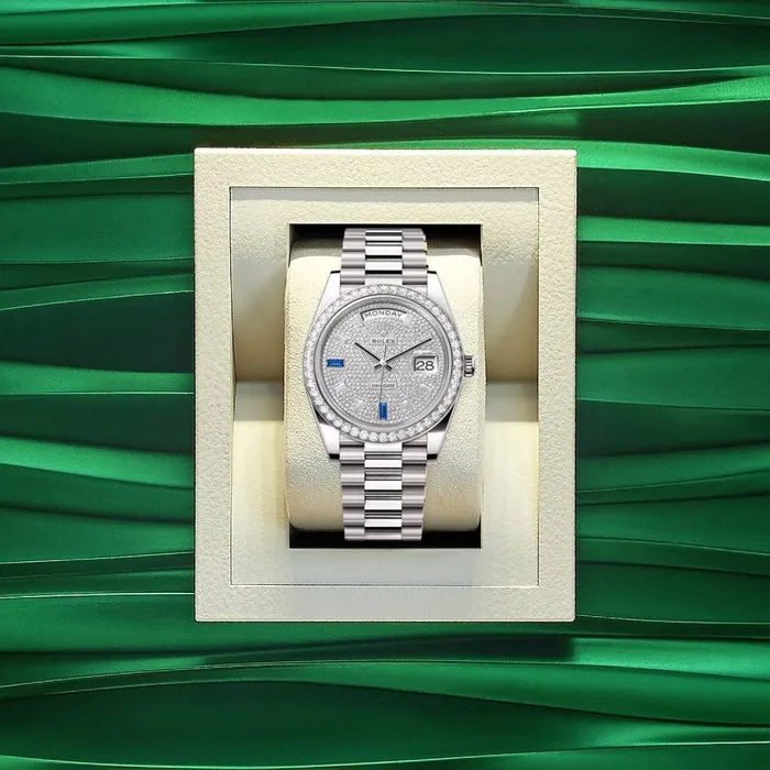 Rolex Day Date 40mm Ref 228349rbr0036 Pave Diamond Sapphire Dial Diamond Bezel 18K White Gold President Bracelet Mens Watch Rolex Bracelets