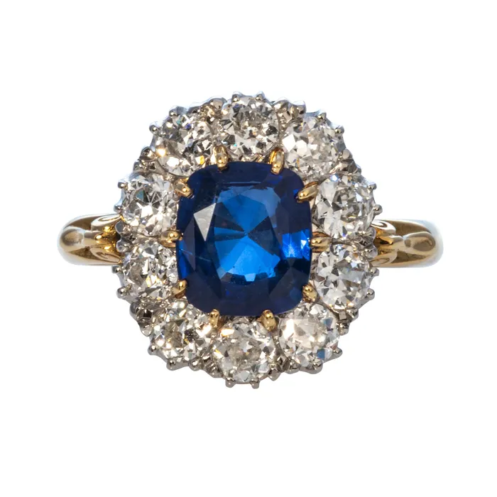 Victorian Style 198ct Cushion Sapphire Diamond Cluster Ring Croghans Rings Victorian Style 198ct Cushion Sapphire Diamond Cluster Ring Croghans Rings