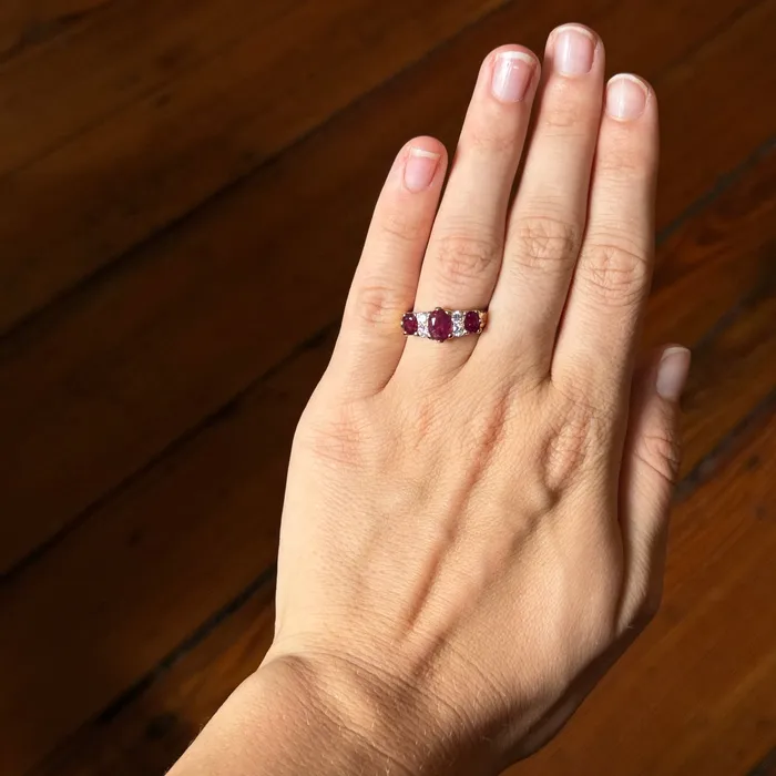 Victorian Style 3Stone Ruby Diamond 14K Gold Ring Croghans Rings