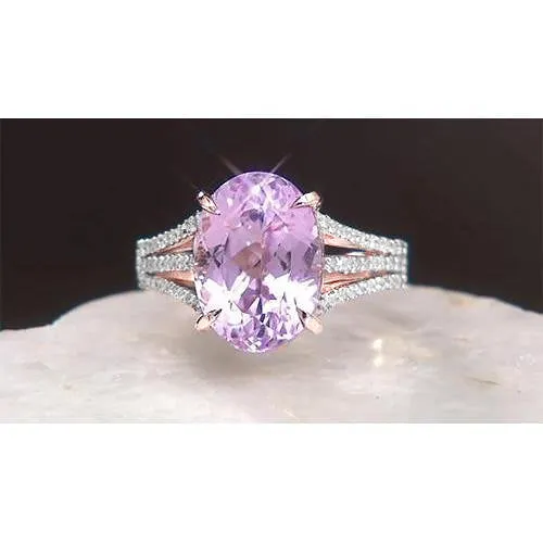18 Ct Oval Cut Pink Kunzite And Round Natural Earth Mined Diamond Ring White Jewelry GB Rings 18 Ct Oval Cut Pink Kunzite And Round Natural Earth Mined Diamond Ring White Jewelry GB Rings