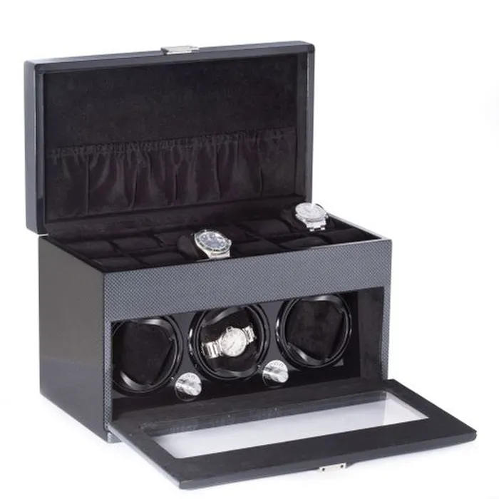 Bey Berk Watches Lacquered Carbon Fiber Steel Gray 3 Watch Winder Storage