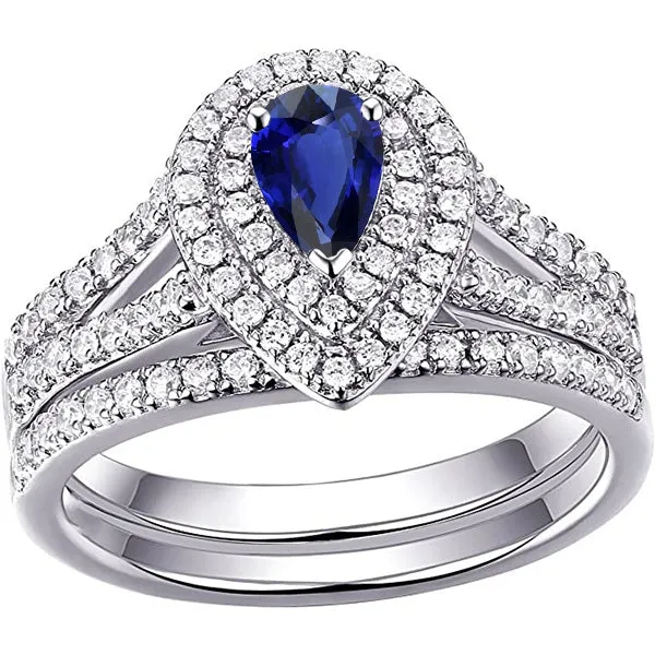 Double Halo Wedding Ring Set Pear Blue Sapphire Natural Earth Mined Diamonds 450 Carats HarryChadEntcom Rings Double Halo Wedding Ring Set Pear Blue Sapphire Natural Earth Mined Diamonds 450 Carats HarryChadEntcom Rings