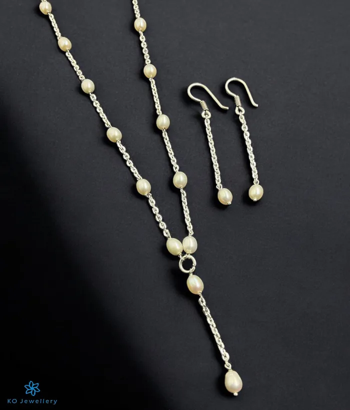 Earrings Bharati The Vachi Lariat Silver Pearl Necklace Earrings