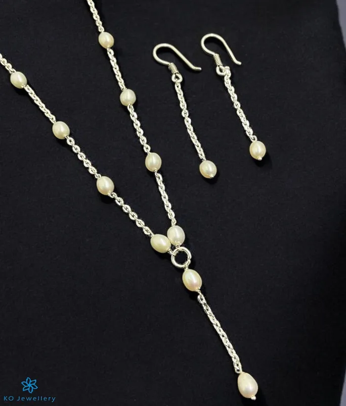 Earrings Bharati The Vachi Lariat Silver Pearl Necklace Earrings