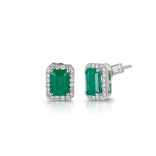 Earrings GB Prong Set 9 Carats Green Emerald With Natural Earth Mined Diamond Stud Earrings White Gold 14K Earrings GB Prong Set 9 Carats Green Emerald With Natural Earth Mined Diamond Stud Earrings White Gold 14K