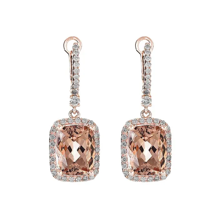 GB Earrings 9 Carat Morganite Dangle Earrings With Small Natural Earth Mined Diamond Rose Gold 18K GB Earrings 9 Carat Morganite Dangle Earrings With Small Natural Earth Mined Diamond Rose Gold 18K