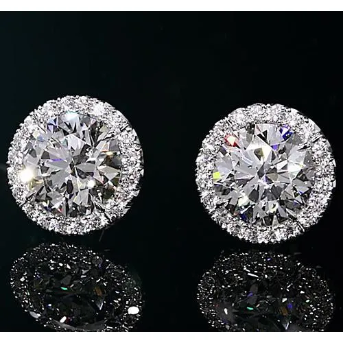 GB Earrings Halo Natural Earth Mined Diamond Studs 2 Carats White Gold