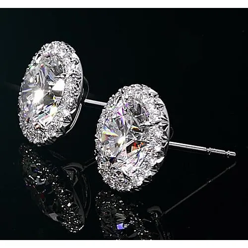 GB Earrings Halo Natural Earth Mined Diamond Studs 2 Carats White Gold