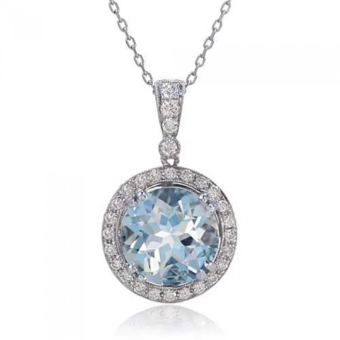 GB Necklaces Round Cut 12 Carats Aquamarine With Natural Earth Mined Diamonds Pendant White Gold 14K GB Necklaces Round Cut 12 Carats Aquamarine With Natural Earth Mined Diamonds Pendant White Gold 14K