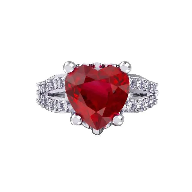 GB Rings 5 Ct Prong Set Red Heart Cut Ruby With Natural Earth Mined Diamond Ring White Gold 14K