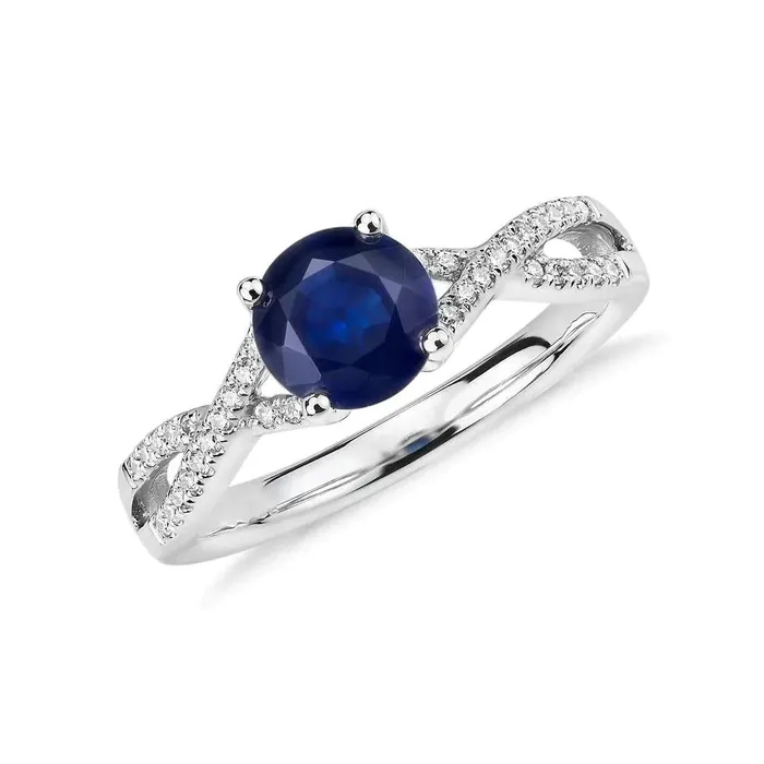 GB Rings Round Sapphire And Natural Earth Mined Diamond Engagement Ring