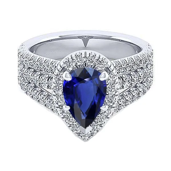 HarryChadEntcom Rings Halo Ring Prong Set Pear Blue Sapphire Triple Shank Natural Earth Mined Diamond 5 Carats HarryChadEntcom Rings Halo Ring Prong Set Pear Blue Sapphire Triple Shank Natural Earth Mined Diamond 5 Carats