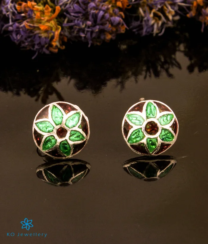 Meenakari The Rivaz Silver Meenakari Earstuds BrownGreen Earrings
