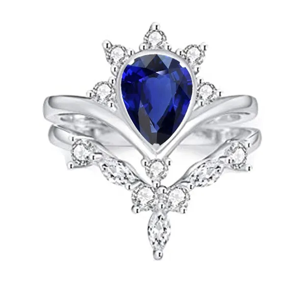 Natural Earth Mined Diamond Wedding Ring Set Pear Ceylon Sapphire 3 Carats Crown Style HarryChadEntcom Rings Natural Earth Mined Diamond Wedding Ring Set Pear Ceylon Sapphire 3 Carats Crown Style HarryChadEntcom Rings