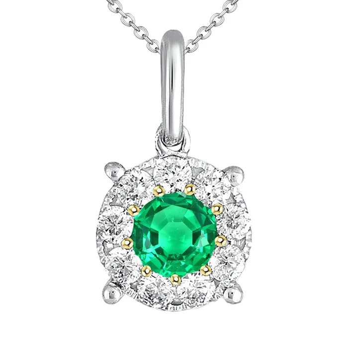 Necklaces HarryChadEntcom Elegant Round Green Emerald Pendant Real Diamond Necklace Gold 14K