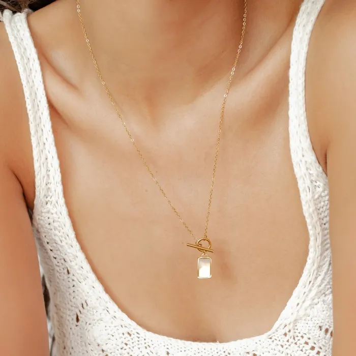 Necklaces Shell Rectangle Pendant TBar Chain Necklace Gold Hey Happiness Necklaces Shell Rectangle Pendant TBar Chain Necklace Gold Hey Happiness