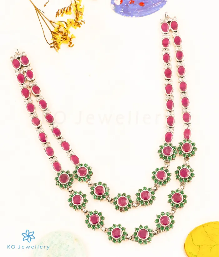 Necklaces The Madhulika 2 layer Silver Kemp Necklace RedGreenOxidised Silversmith