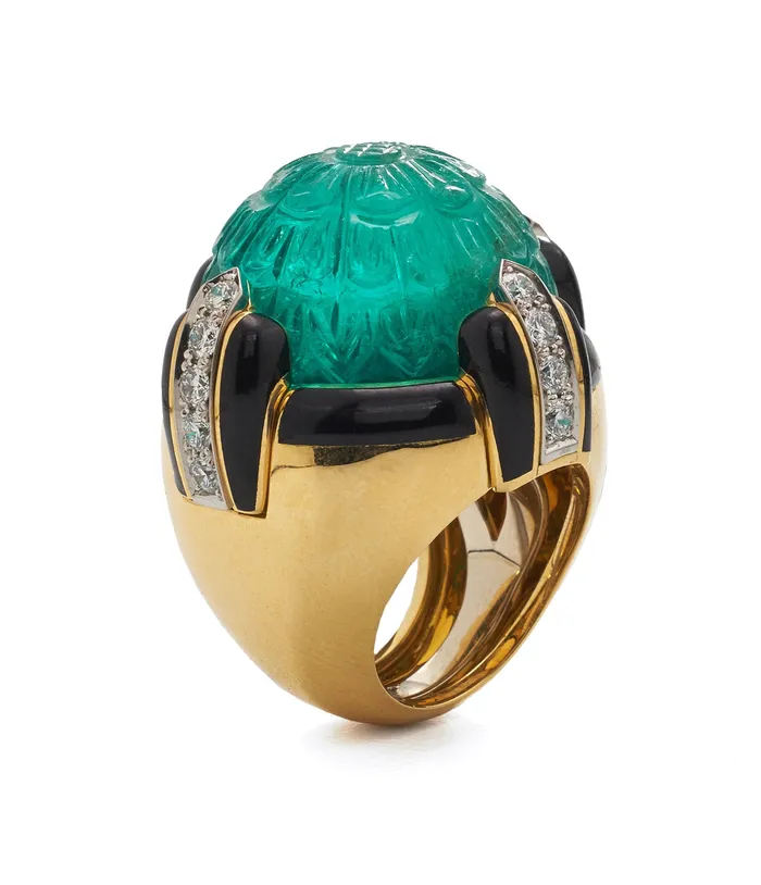 Pantheon Ring Carved Emerald David Webb Workshop Rings
