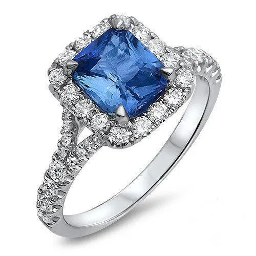Radiant Cut Ceylon Sapphire Round Natural Earth Mined Diamond Ring 3 Ct White Gold 14K GB Rings