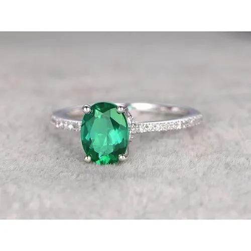 Rings 425 Carats Oval Cut Green Emerald And Natural Earth Mined Diamond Ring White Gold 14K GB