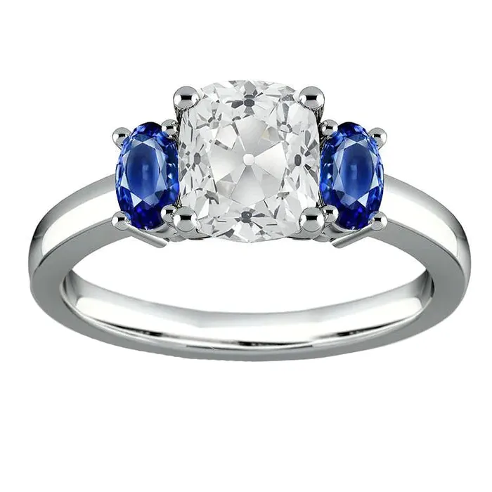 Rings HarryChadEntcom 3 Stone Cushion Cut Natural Earth Mined Diamond Ring With Sapphire Side Stones Rings HarryChadEntcom 3 Stone Cushion Cut Natural Earth Mined Diamond Ring With Sapphire Side Stones