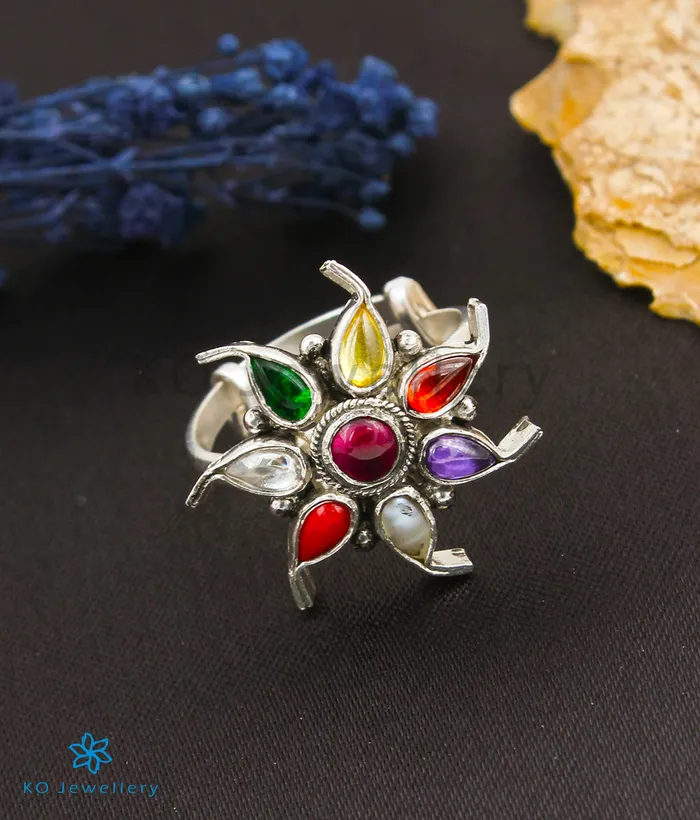 Rings The Pauspa Silver Navratna Finger Ring Oxidised Silversmith