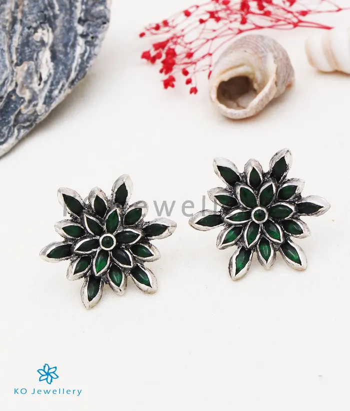 Silversmith Earrings The Padma Silver Lotus Earstuds GreenOxidised
