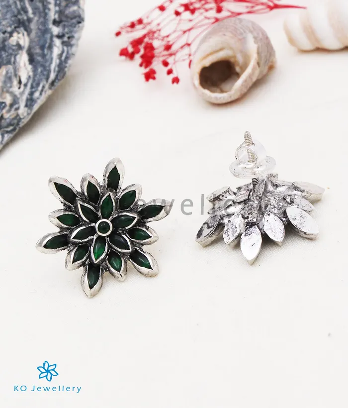 Silversmith Earrings The Padma Silver Lotus Earstuds GreenOxidised