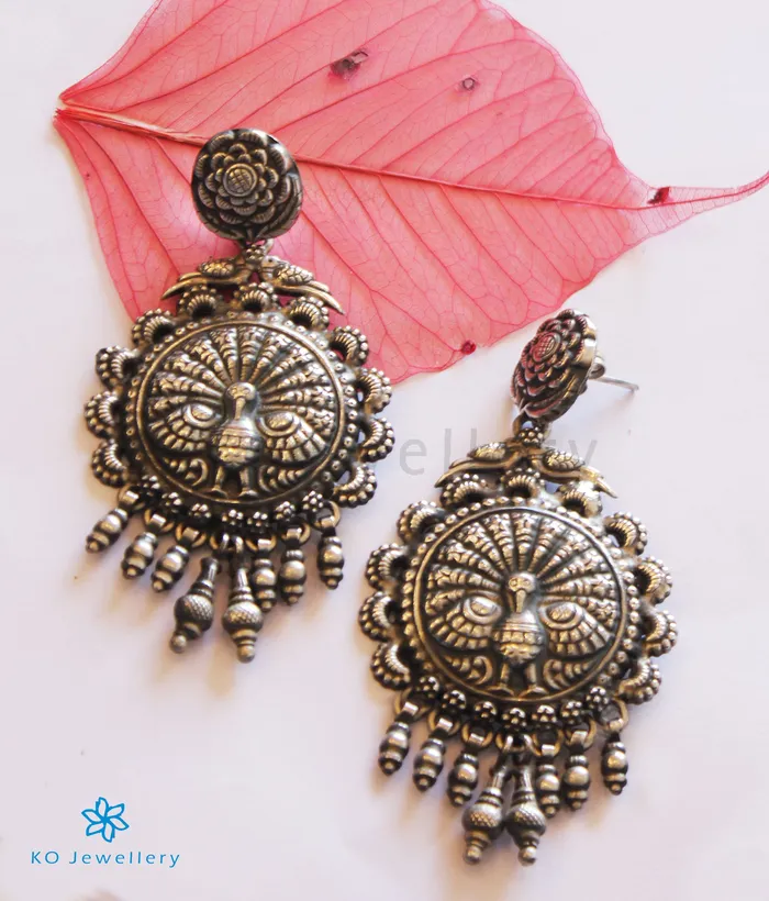 The Mudra Silver Peacock Earrings Jaipur Earrings